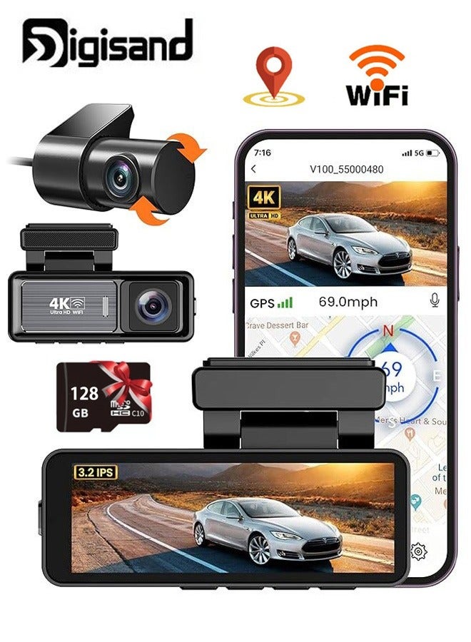 ديقيساند كاميرا داش 4K UHD عالية الدقة للسيارة - كاميرا تصوير أمامية وخلفية مزدوجة العدسة - شاشة IPS بحجم 3.2 بوصة - مع بطاقة سعة 128 جيجابايت، ونظام تحديد المواقع العالمي GPS، وWiFi مدمج، ورؤية ليلية، وتسجيل متكرر، ومسجل فيديو WDR - Image 1